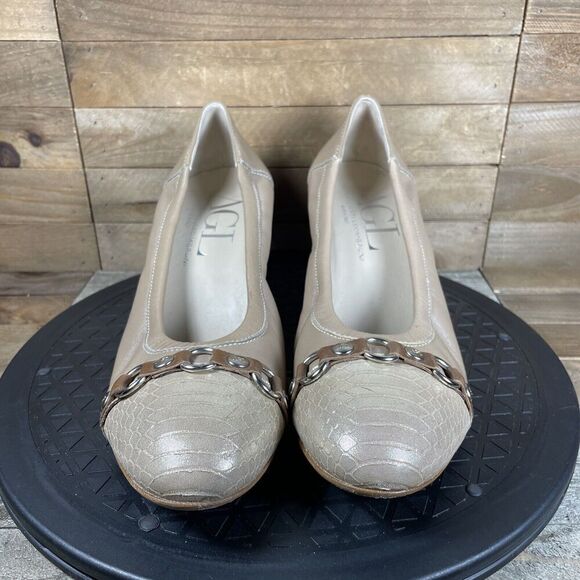 AGL Women's Size 10 Snakeskin Embossed Pumps Block Heel Beige Eur 40 - Picture 2 of 10